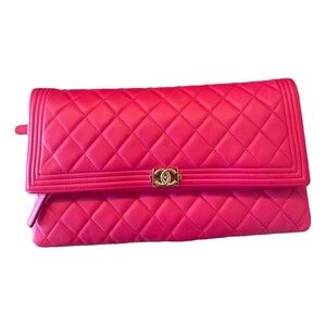 CHANEL Pink Quilted Clutch with Gold Clasp